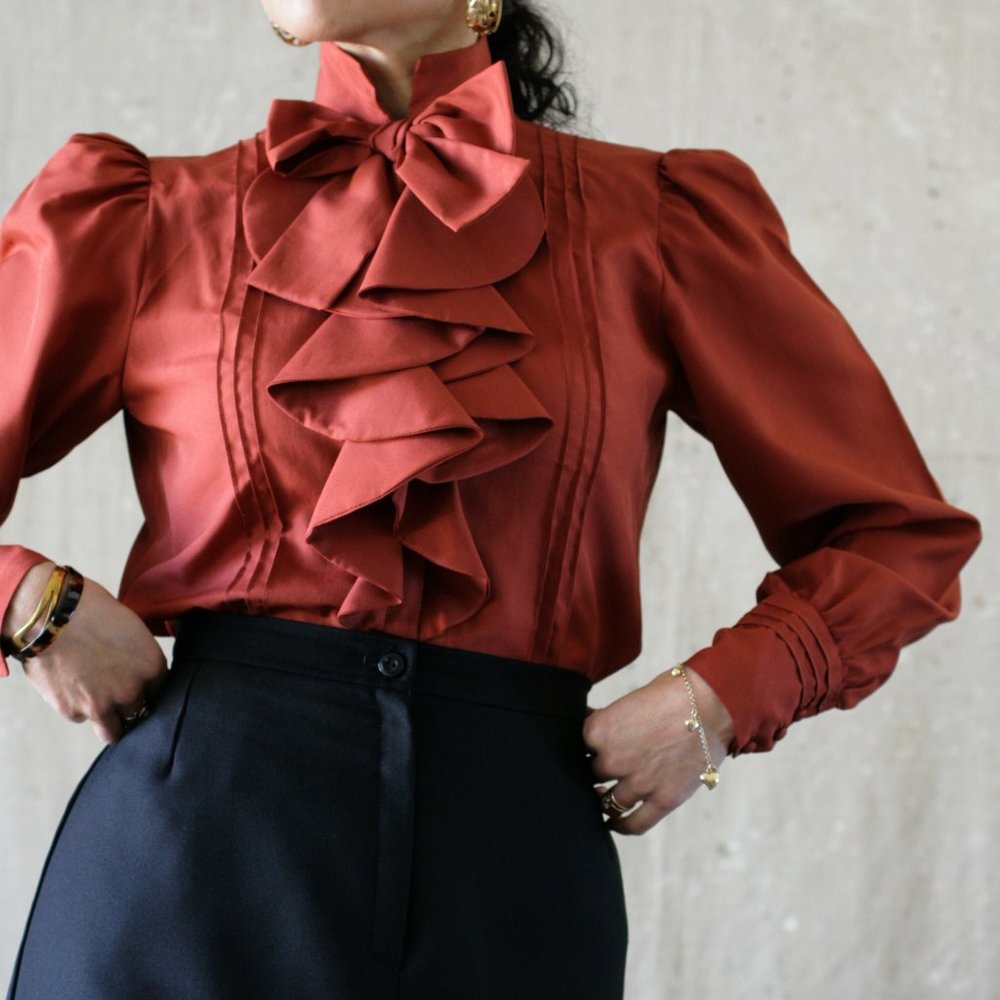 70's Rust Bow Ruffled Secretary Blouse/Pintuck/Button Up/Handmade - Picture 2 of 10